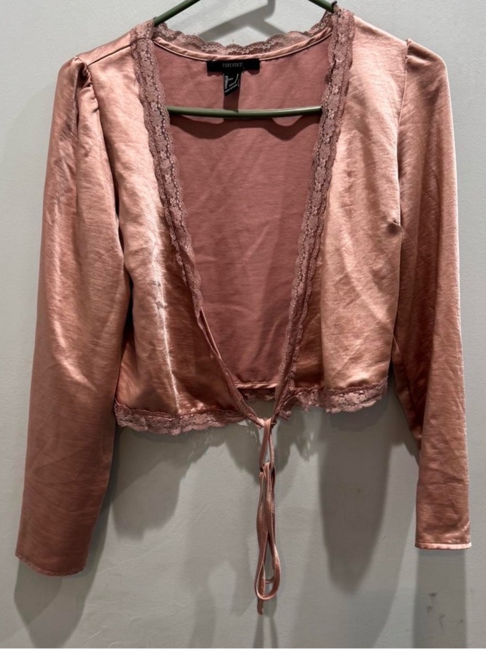 Forever 21 Dusty Rose Satin Lace-Trim Tie-Front Bolero women size SMALL